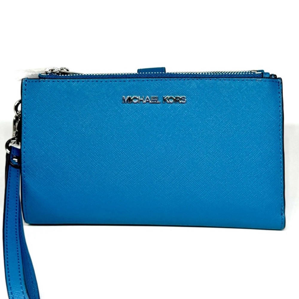 Michael Kors Large Jet Set Travel Logo Double Zip Wallet - Teal - Picture 1 of 7